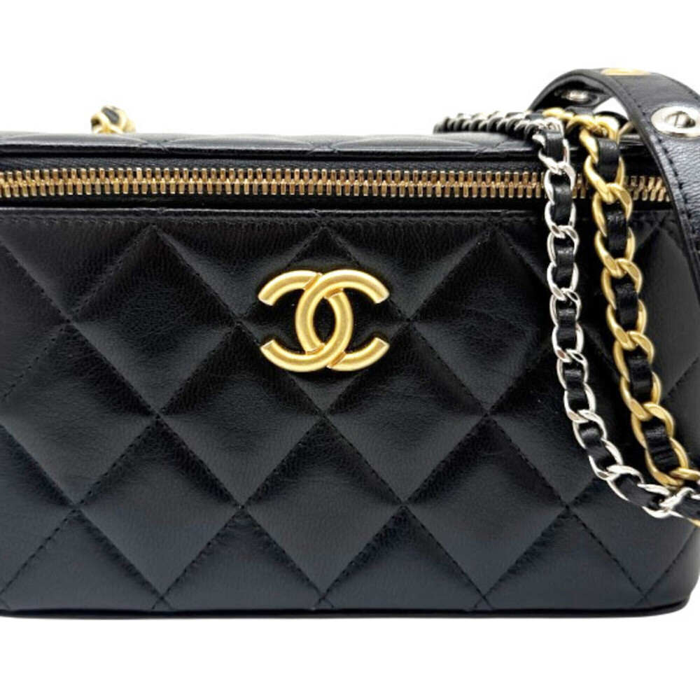 CHANEL Matelassé Vanity Chain Shoulder Bag, Lambskin, Black, Coco Mark, Leath...